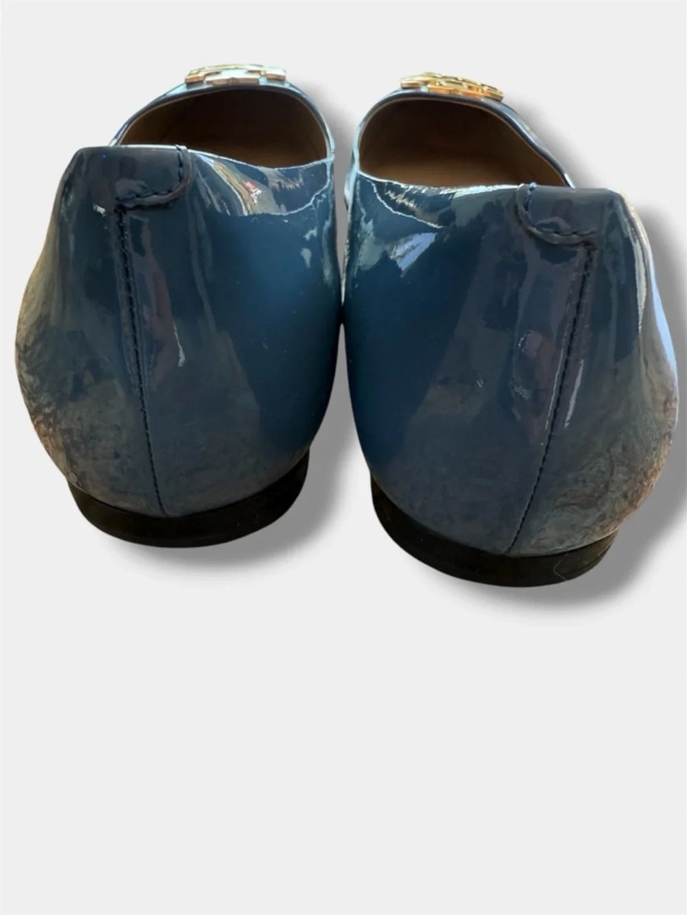 Tory Burch Reva Flats Blue Patent Leather Gold Logo Ballet Shoes Women’s 7M
